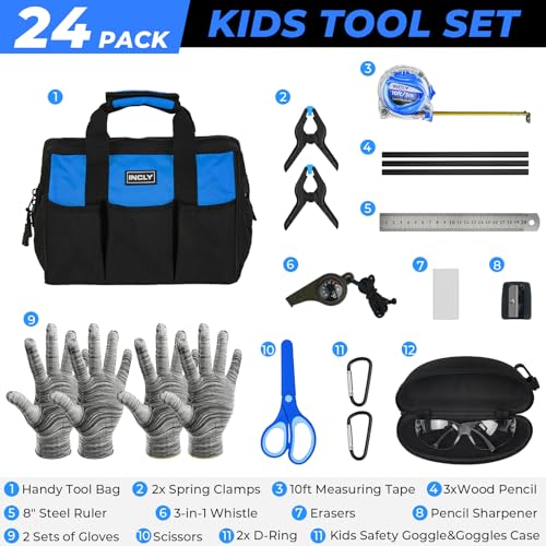 INCLY 24 PCS Kids Real Tool Set with Tool Bag, Small Real Hand Tools Kit - color: Blue