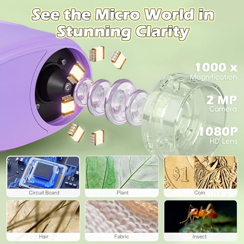 Alotwan Kids Digital Microscope 1000X Zoom, Mini Pocket Handheld Microscope with Camera/Video/Telescope Function, Portable Outdoor Travel Toys Magnifying Glass for Boys Girls 3-8 Years STEM Gifts - color: Purple