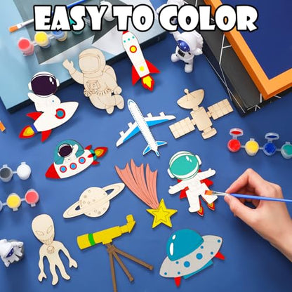 JellyArch 24 Pcs Unfinished Wood Cutouts Space Paint Kit Set and DIY Crafts for Classroom School Birthday Gifts Paint Your Own Painting Bulk Kits and Crafts - style: Space