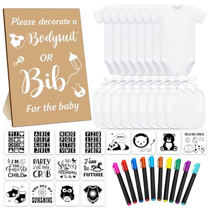 Chuarry 43 Pcs Baby Shower Kit, 8 Onesies 8 Bibs Markers 16 Stencils - style: Kraft Paper