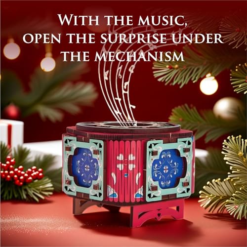 3D Wooden Puzzle Music Box with Light Up Four-Leaf Clover, DIY Mechanical Model Kit, Desktop Decoration Jewelry Box for Adults, Birthday (Rose Red)