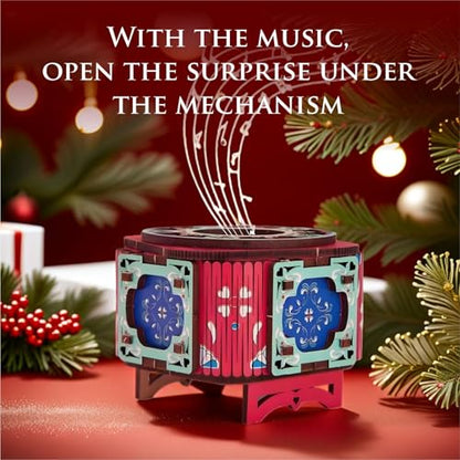 3D Wooden Puzzle Music Box with Light Up Four-Leaf Clover, DIY Mechanical Model Kit, Desktop Decoration Jewelry Box for Adults, Birthday (Rose Red)