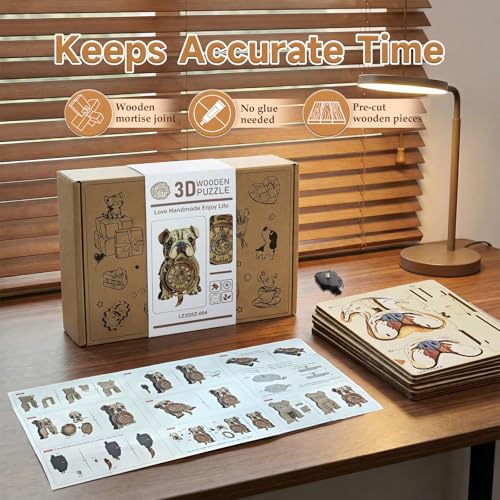 Kosmickiss 3D Puzzles for Adults, Wooden Bulldog Wall Clock Model Kits - color: Bulldog