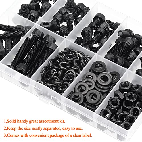 HELIFOUNER 240 Pieces M5 x 6mm /8mm /10mm /12mm /16mm /20mm /25mm, Hex Socket Head Cap Screws Bolts Washers Nuts Kit, 12.9 Grade Alloy Steel, Full Threaded, Black - size: M5, style: Socket Head