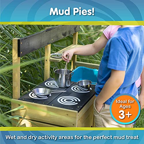 TP Toys Mud Play Kitchen For Kids - Indoor, Outdoor Wooden Toy Toddler Kitchen Playset with Accessories, Durable, Weatherproof, Removable Sink, Chalkboard, Wood Burner Stencils, Easy Assembly, Ages 3+ - style: Wooden Muddy Maker Mud Kitchen