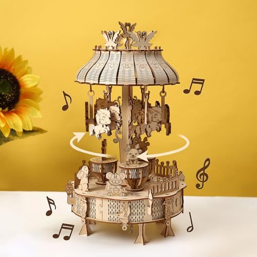 3D Wooden Puzzle for Adults, 3D Puzzle Musical Carousel Model Kit with Music Box, Rotatable Wood Mechanical Gear Building, Classic Construction Craft Set DIY Birthday Gift, 153 PCS - color: Musical Carousel