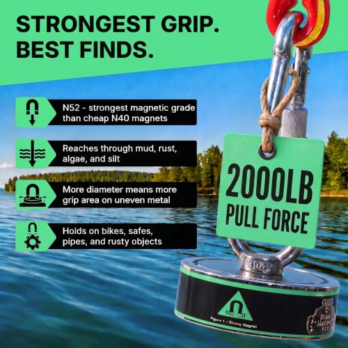 2000LB’s Complete Magnet Fishing Kit | Double Sided Fishing Magnet Kit with Case | Includes Strong Neodymium N52 Magnets, Durable 65ft Rope, Carabiner, Gloves, Grappling Hook & Carry Case - size: 2000 LB Double Sided Magnet Kit
