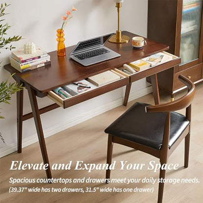 Computer Desk with Drawers, Solid Wood Writing Desk, Mid Century Modern Home Office Desks, Oak Study Table, Small Desk for Bedroom, 29.1 H x 39.4 W x 21.7 D Inches, Walnut - color: Walnut