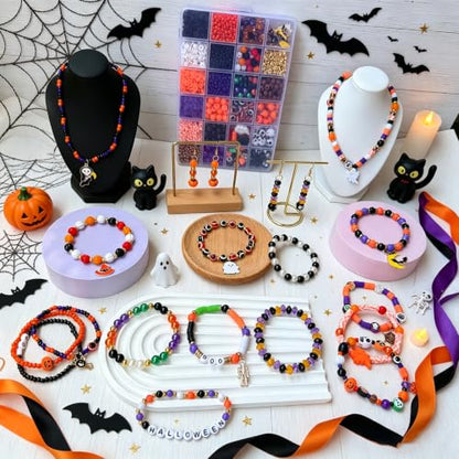 XBYzuzi 2600Pcs Halloween Beads for Bracelets Jewelry Making Kit, Orange Black White Purple alloween Polymer Clay Beads Pumpkin Evil Eye Skull Bead with Ghost Spider Charms for DIY Craft Earring - color: Black+White