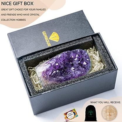 Natural Deep Purple Amethyst Crystal Geode from Uruguay 1lb-1.5lb, A Grade Amethyst Cluster, Premium Gift Box for Collectors Reiki Healing Positive Energy by GEMBOURY - size: 1 Pound-1.5 Pound
