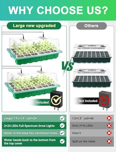 Large Seed Starter Trays with Heat Mat, Seed Starter Kit with 48 Full Spectrum LEDs, 24 Large Cells Seed Germination Kit with Adjustable Humidity Vents for Indoor Plants Seeds Starting - size: L×1 with Heat Mat