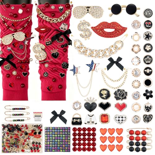 MINGRI Junk Socks Charms Kit Red Black,195 Pcs Shoes Charm for Sneakers,Brooches and Pin for Women with Letter,Safety Hat Pin for Women Gift Rhinestone Junk Charm with Pearl Chain