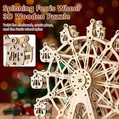 3D Wooden Puzzles for Adults,Musical Ferris Wheel Kit with Lights & Music Box,Room Home Decor DIY Rotating Ferris Wheel Kit for Men Women,Christmas Birthday Gift for Family Friends - style: Rotating ferris wheel