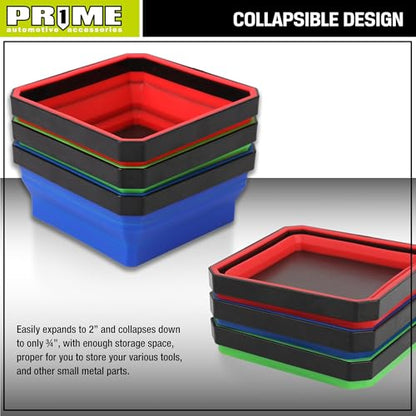 PR1ME Collapsible Magnetic Parts Tray Set, Foldable Magnetic Tray, 3 Pieces 4.25 inch Square Silicone Bowls with Magnetic Base Stores and Organizes Small Parts and Tools (Pack of 2) - size: Basic Trays (Pack of 2)