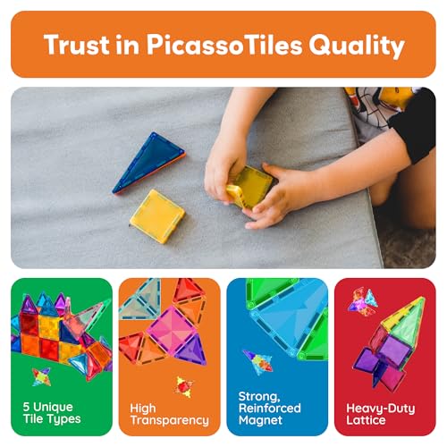 PicassoTiles 60 pcs Mini Magnetic Tiles Magnet Toys Travel-Friendly On-The-Go Building Blocks for Kids Compact Lightweight Creative playset Preschool Montessori Early Learning STEM Kids Toy Ages 3+. - color: 60pcs Mini