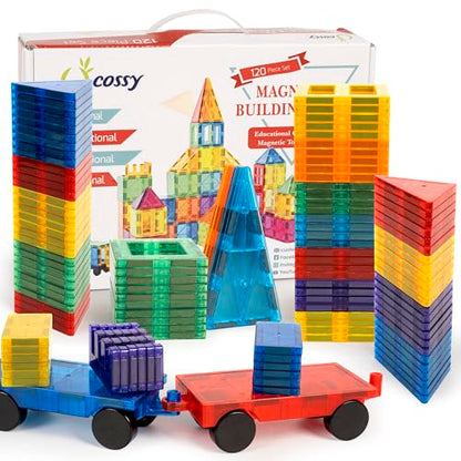cossy 120Pcs Magnetic Tiles Magnetic 3D Building Blocks Set, Construction Toys for 3 4 5 6 7 8 Year Old Boy and Girl with Stronger Magnets, Educational Toys, Recreational, Conventional - size: 120 Pieces