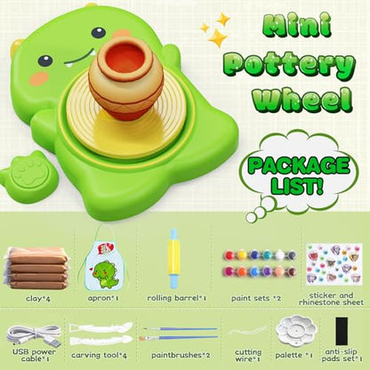 Pottery Wheel for Kids with Foot Pedal, Cute Dinosaur Kids pottery Kit - color: Green D