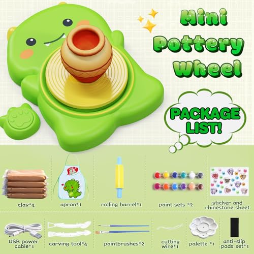 Pottery Wheel for Kids with Foot Pedal, Cute Dinosaur Kids pottery Kit - color: Green D