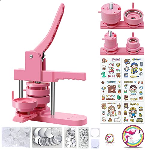 Happizza Button Maker Machine Multiple Sizes, Pin Maker Machine 1+2.25 inch, Badge Button Press Machine with Cute Stickers and 200 Sets Button Making Supplies&Circle Cutter for Girls Women(Pink) - size: Pink 1+2.25 inch (200 Sets)