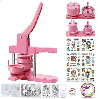 Happizza Button Maker Machine Multiple Sizes, Pin Maker Machine 1+2.25 inch, Badge Button Press Machine with Cute Stickers and 200 Sets Button Making Supplies&Circle Cutter for Girls Women(Pink) - size: Pink 1+2.25 inch (200 Sets)