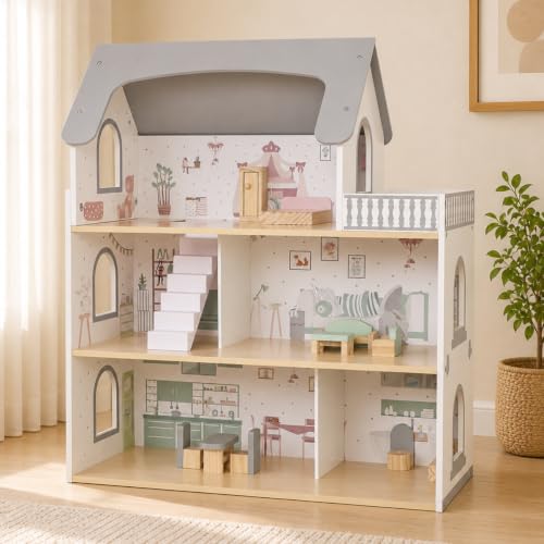 Wooden Dream Playhouse for Girls with Balcony,Doll House for Kids with Furniture,DIY Pretend Play House Toy, Children Dollhouses Toys with 12 PCS Accessories,Birthday Gifts for Boys Girls Ages 3+