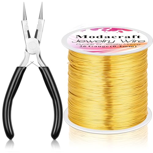 ModaCraft 26 Gauge Ultra-FINE Jewelry Wire Gold (328ft/100m) + 4-in-1 Ergonomic Pliers Set | Tarnish Resistant Copper Craft Wire for Wire Wrapping, Beading & Micro Jewelry Making | DIY Supplies Kit - color: Gold, size: 26 Gauge