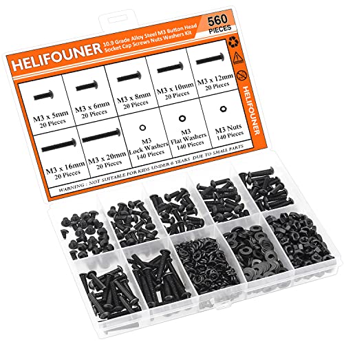 HELIFOUNER 560 Pieces M3 x 5mm /6mm /8mm /10mm /12mm /16mm /20mm, Button Head Socket Cap Screws Bolts Washers Nuts Kit, 10.9 Grade Alloy Steel, Full Threaded, Black - size: M3, style: Button Head