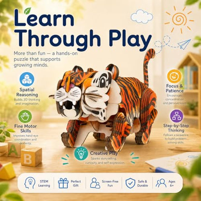 MierEdu Build 'N' Sound 3D Puzzle for Kids, Animal Puzzle with Sound Module, Educational STEM Craft Kit, FSC Paper Model Building Toy Gift for Ages 6+ - color: Tiger