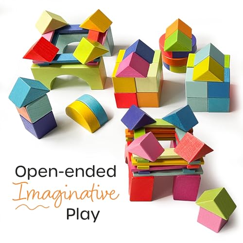 Quiggly Montessori Wooden Rainbow Building Blocks - 68 Pc STEM Toy Set