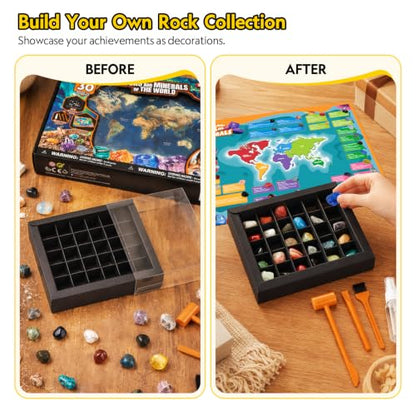 CubicFun World Map Gemstone Dig Kit for Kids 8-12, 30 Rocks & Minerals
