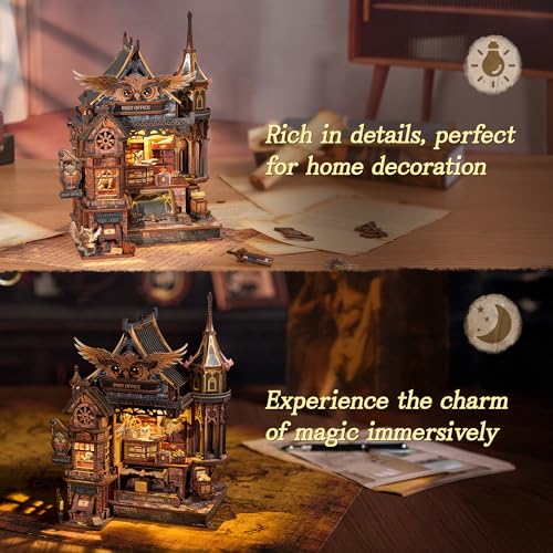 FUNPOLA LED 3D Wood Puzzle Owl Post Office, Dynamic Model with Mechanical Gears, DIY Miniature Kit with Music and LED Lights, Home Décor Gift for Adults