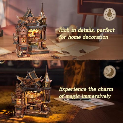 FUNPOLA LED 3D Wood Puzzle Owl Post Office, Dynamic Model with Mechanical Gears, DIY Miniature Kit with Music and LED Lights, Home Décor Gift for Adults