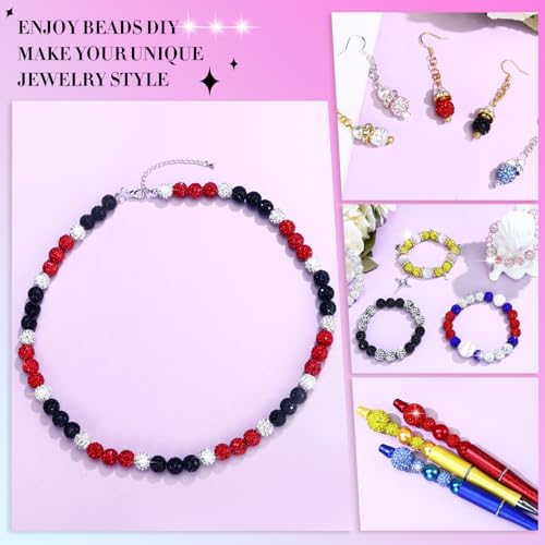 Dowarm 255PCS 10mm Rhinestone Beads for Baseball Rhinestone Necklace Bracelet Jewelry Making, Round Polymer Clay Beads for Crafts Beaded Pen, DIY Shamballa Pave Disco Diamond Bead, Black|Red|White - color: 08-Black | Red | White