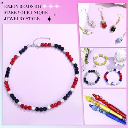 Dowarm 255PCS 10mm Rhinestone Beads for Baseball Rhinestone Necklace Bracelet Jewelry Making, Round Polymer Clay Beads for Crafts Beaded Pen, DIY Shamballa Pave Disco Diamond Bead, Black|Red|White - color: 08-Black | Red | White