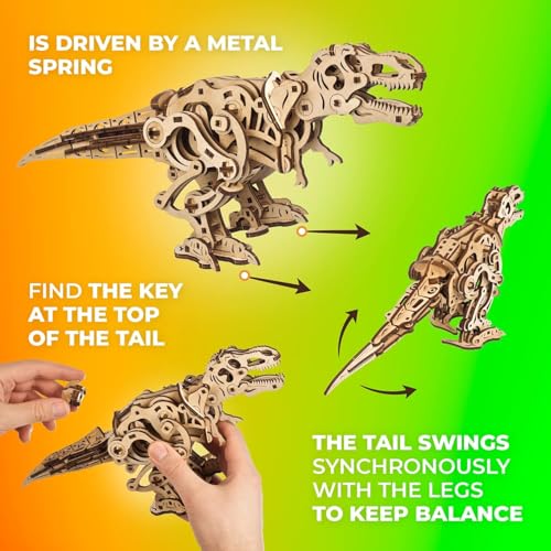 UGEARS Tyrannosaurus Rex, 3D Puzzle, 5.8-inch Height, Rex Dinosaur Puzzle Kit Mechanical Models, Automaton Kit, Brain Teaser - style: Tyrannosaurus Rex
