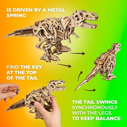 UGEARS Tyrannosaurus Rex, 3D Puzzle, 5.8-inch Height, Rex Dinosaur Puzzle Kit Mechanical Models, Automaton Kit, Brain Teaser - style: Tyrannosaurus Rex