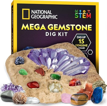 NATIONAL GEOGRAPHIC Mega Gemstone Dig Kit – Dig Up 15 Real Gemstones and Crystals, Science Kit for Kids, Gem Digging Kit, Gift for Girls and Boys, Mining Kit, Rock Collection - style: 15 Stunning Gems