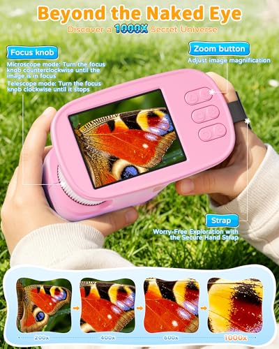 1000X Kids Handheld Microscope, 4K Digital Mini Pocket Digital Microscope with 2.4" IPS Screen, Built-in Camera & 12 Prepared Slides, STEM Educational Toy, Birthday Gift for Boys & Girls Ages 3–12 - color: Pink