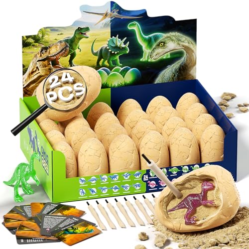 24 Glow in The Dark Dinosaur Eggs, Excavation Kit with Magnifier - style: 24 Dinosaur Eggs(Glow in The Dark)