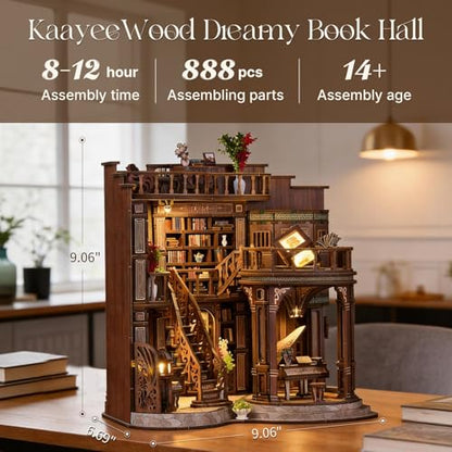 DIY Book Nook Kit, 3D Wooden Puzzle Miniature Booknook Bookend Bookshelf Decor with LED Light,Cherry Blossom Bookstore Bookshelf Insert Booknook, Book Nook Kits for Adults