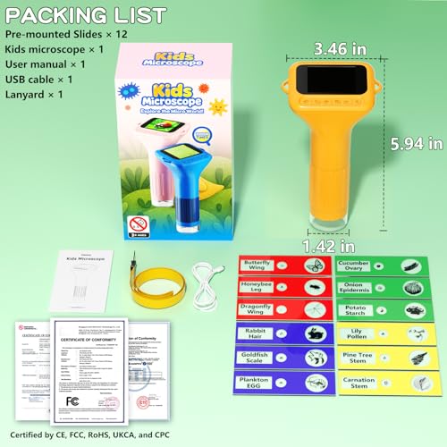 Odatay 1000X Digital Kids Microscope Kit with 12 Slides & 2" Screen, Orange - color: Orange