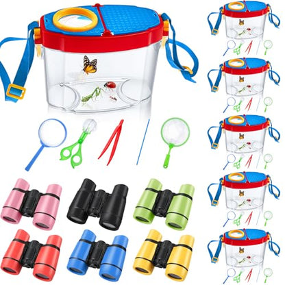 VioraWhite 6 Sets Bug Catcher Kit for Kids Outdoor Explorer Kit Summer Bug Collection Kit with Kids Binoculars Butterfly Net Magnifying Glasses Tweezers Bug Observation Containers with Shoulder Strap