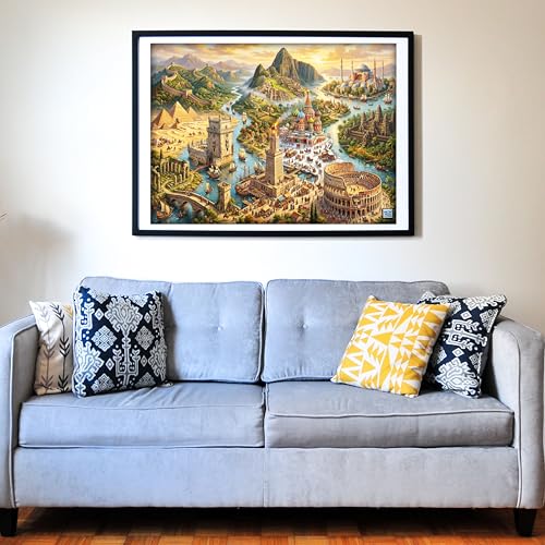 Think2Master World's Wonders 500 Pieces Large Format Jigsaw Puzzle: 13+, Teens, Adults & Families. Global Adventure to World’s Most Iconic Landmarks in an Imaginative Landscape. Size: 26.8” X 18.9” - style: World's Wonders
