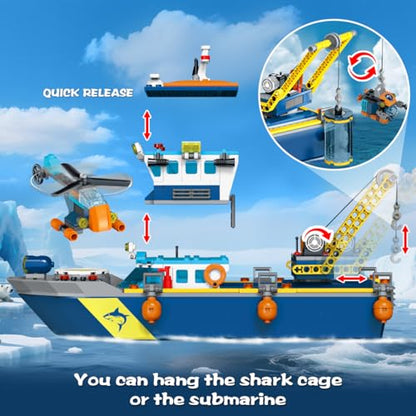 HiWEEGO City Floatable Boat Building Set with LED Light - Ocean Arctic Explorer Ship Building Block Kit with Helicopter, Sub Exploration Toy Adventure Set Birthday Gift for Kids Boys Girls 6 7 8 9 10+
