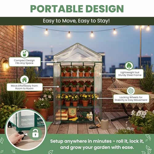 4 Tier Mini Greenhouse - Portable Greenhouse with Locking Wheels and PVC Cover for Indoor or Outdoor Green House by Pure Garden - size: 4 Tier
