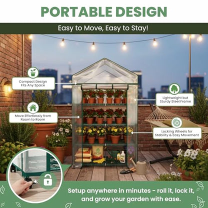 4 Tier Mini Greenhouse - Portable Greenhouse with Locking Wheels and PVC Cover for Indoor or Outdoor Green House by Pure Garden - size: 4 Tier