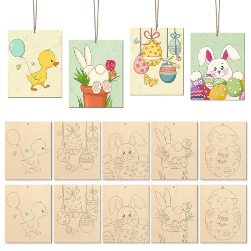 COCHIE 10 Pieces Large Easter Unfinished Wood Crafts to Paint for Adults, Bulk Predrilled Wooden Ornaments for Painting, Bunny Duck Eggs Paintable Wood Slices Craft Supplies with Ropes - color: Easter