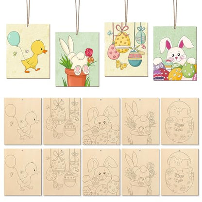 COCHIE 10 Pieces Large Easter Unfinished Wood Crafts to Paint for Adults, Bulk Predrilled Wooden Ornaments for Painting, Bunny Duck Eggs Paintable Wood Slices Craft Supplies with Ropes - color: Easter