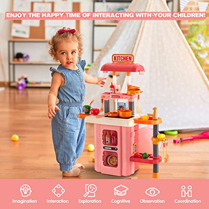 3-in-1 Kids & Toddler Play Kitchen - Interactive Kitchen Playset with Real Cooking Sounds & Lights, 50 Accessories & Flowing Water Feature, Portable Travel Suitcase Design Learning Toys for Ages 2-6 - color: Kitchen Playset