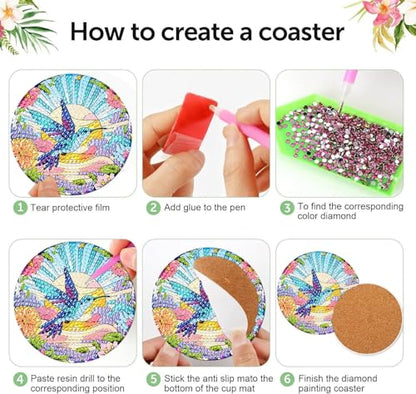 8 Pcs Diamond Art Coasters Kit for Adult with Holder, Diamond Coaster 4x4in - color: Hummingbird Coasters, size: 8 Pcs 4x4in